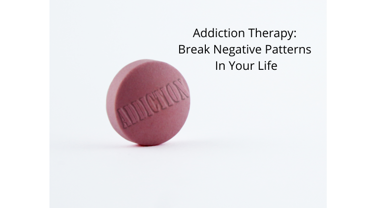 Addiction therapy: Break negative. patterns in your life online course image. Shows a tablet with addiction written on it on a white background.