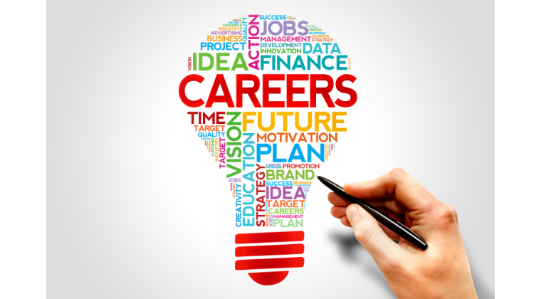 Career training: Career development online course image of a lightbulb with different words in different colours, for example the word careers is in red and the word future in yellow.