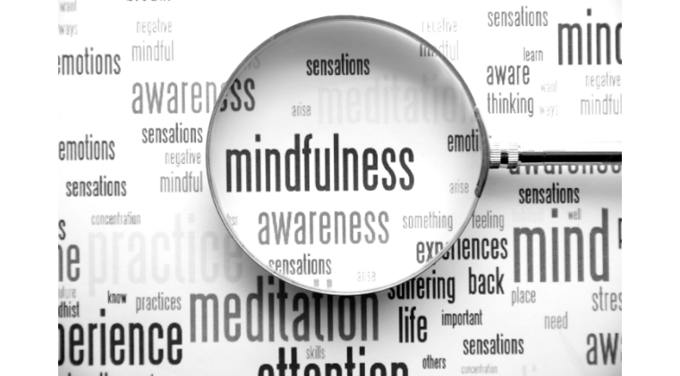 Mindfulness and meditation online course image consisting of a magnifying glass on top of the word mindfulness, there are other words but the word mindfulness is the most prominent.