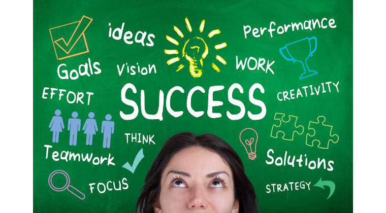 A person looking upwards and behind their head a lightbulb with the word success underneath. This image is the online course image for art therapy now's success - how to be successful in your business and personal life.